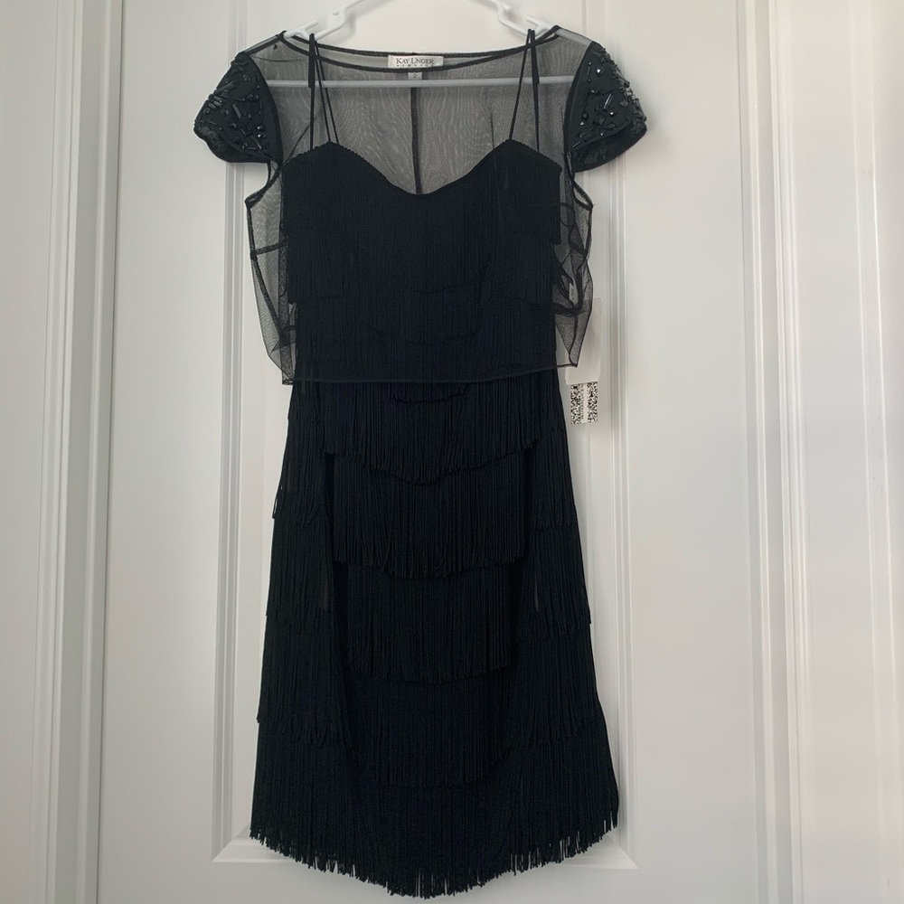Kay Unger Fringe Dress with Mesh Sequined Overlay